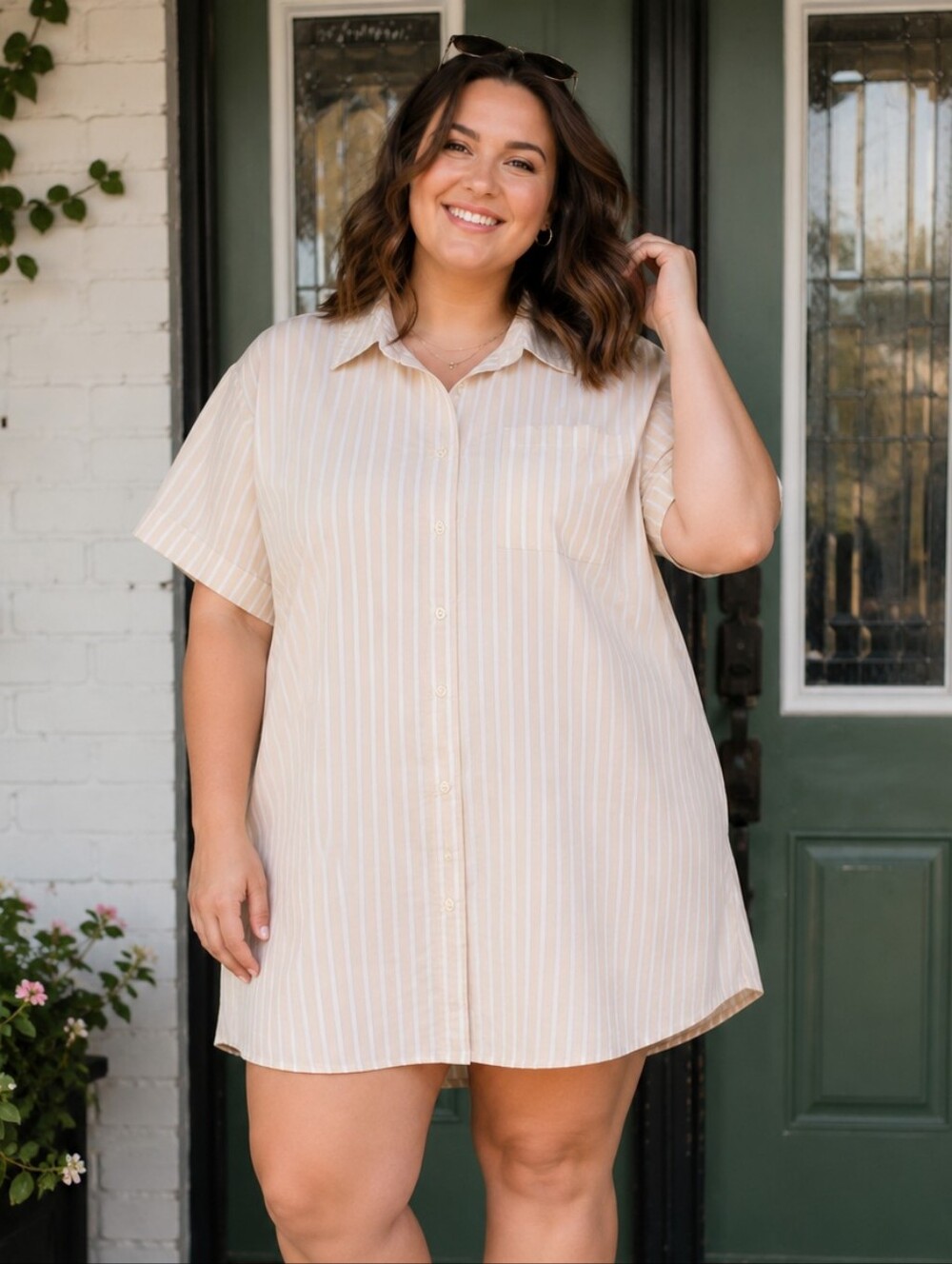 Old Navy NEW Plus Size 3x: Relaxed Beige White Striped Button-Front Shirt Dress